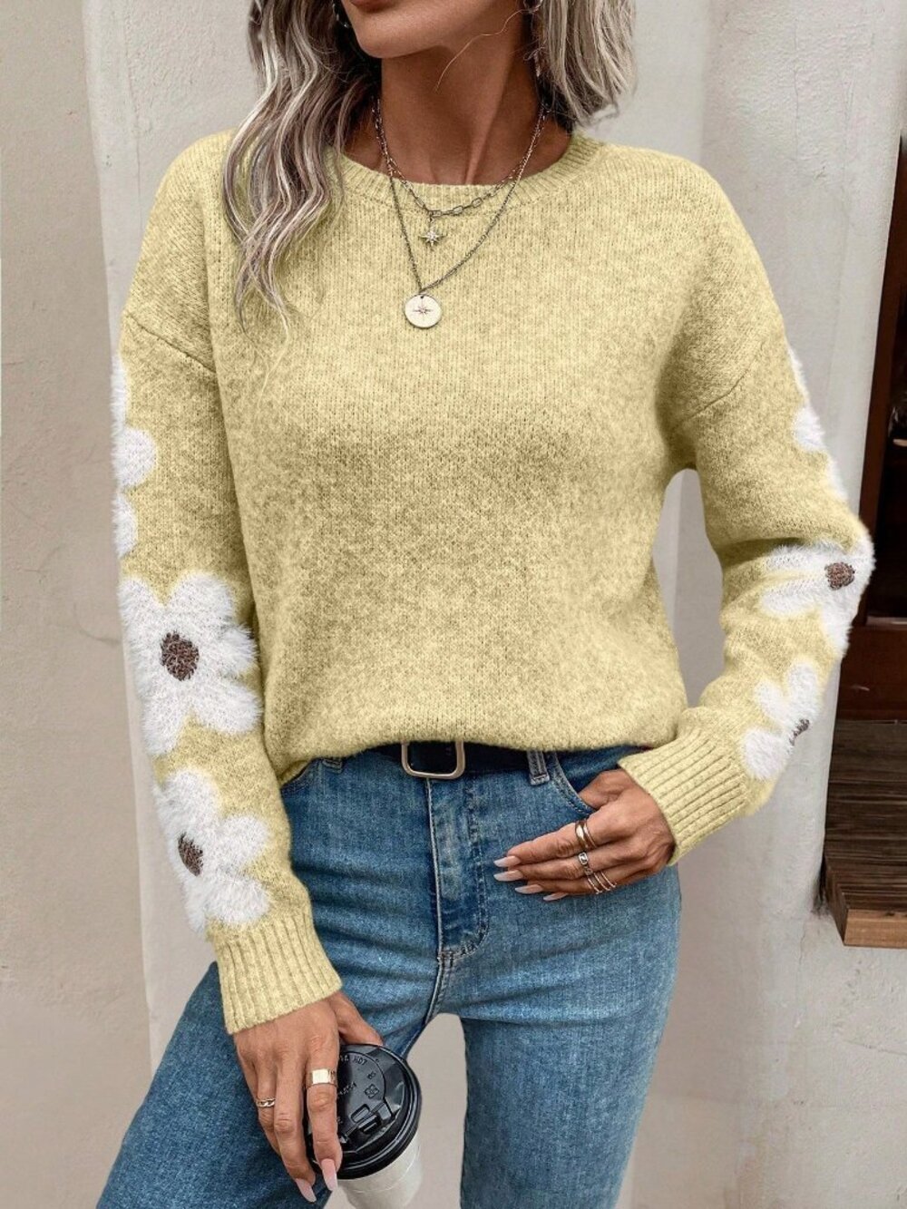 Apricot Women's Casual Floral Pattern Crew Neck Long Sleeve Pullover Sweater - Picture 3 of 6
